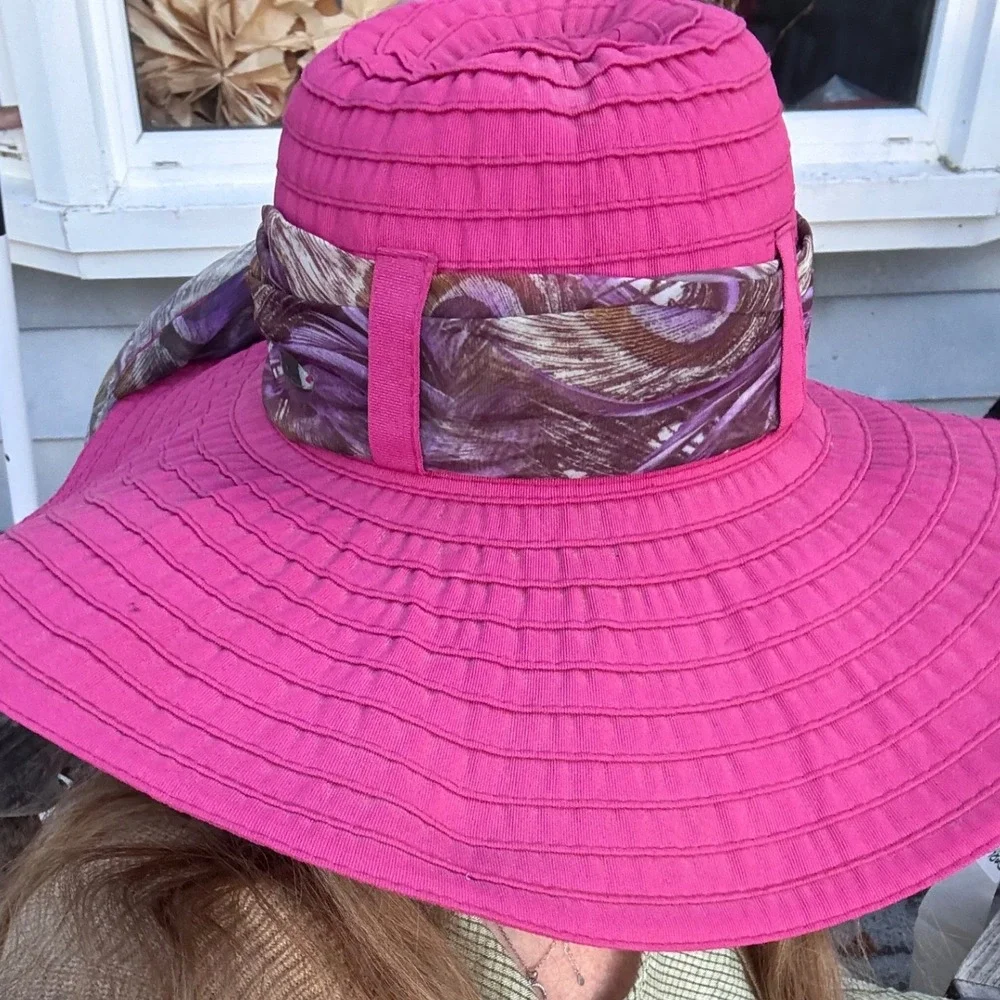 Wide Brim Grosgrain‎ Sun Hat Scala Fuchsia Pink Peacock Scarf